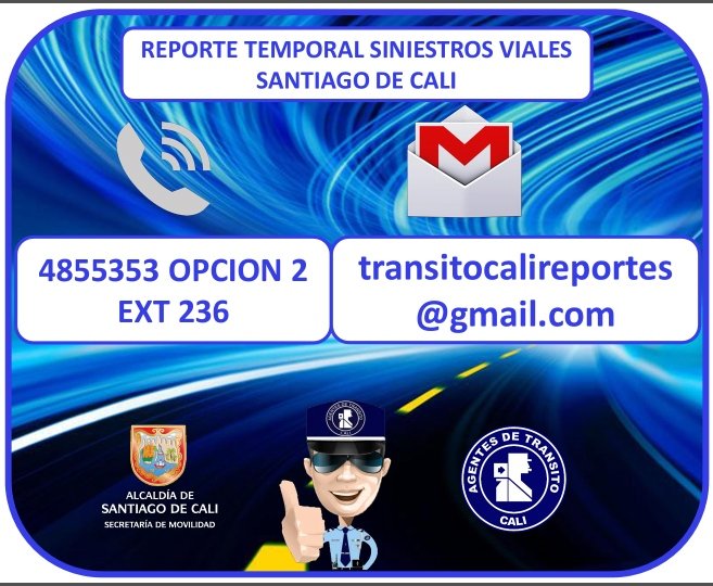 Si tienes un accidente de tránsito y/o deseas reportar uno, comunicate con la secretaria de Movilidad al 4855353 opción o al correo electrónico habilitado #MovilidadCali