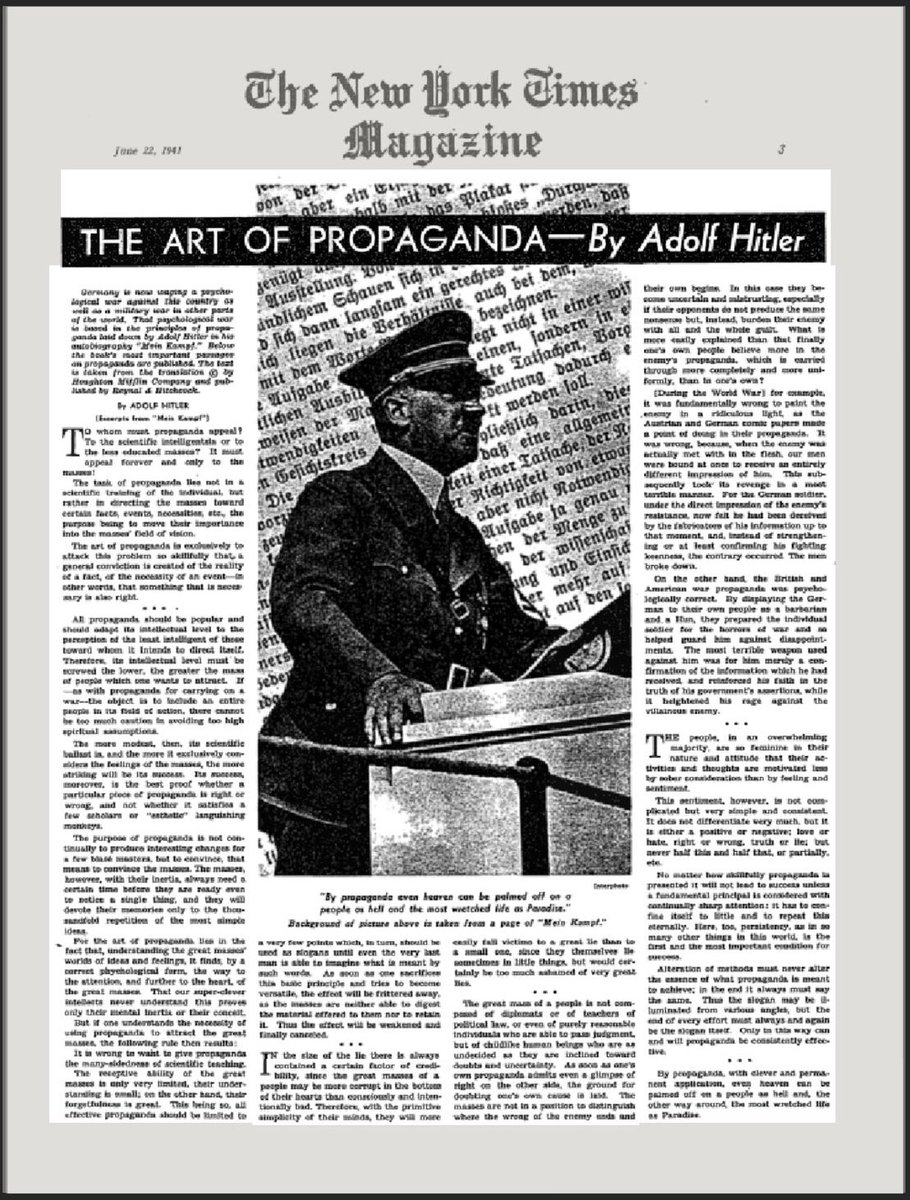 Вдумайтесь, 22 июня 1941 года главная газета США "Нью-Йорк Таймс" опубликовала на своих страницах "Майн кампф" Гитлера под заголовком "Искусство пропаганды". И это черт возьми не фейк!
nytimes.com/1941/06/22/arc…

#ПравильныйКапитализм
