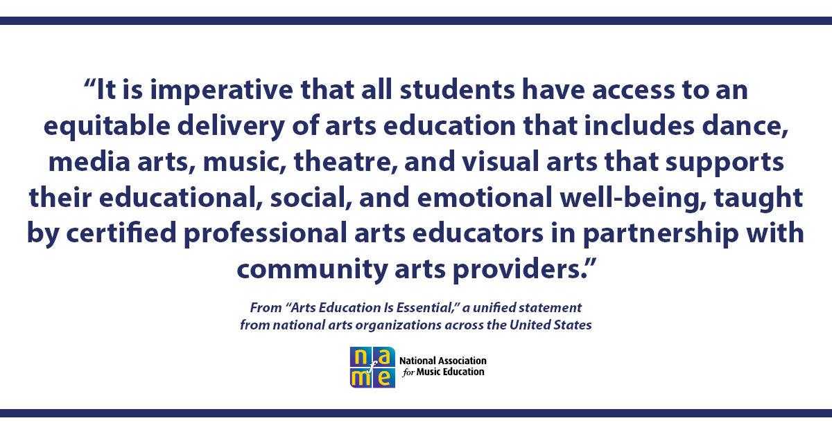 NAfME's tweet photo. We believe all students should have access to an equitable delivery of arts education. Read our statement and urge decision-makers to support #musiced and #artsed https://t.co/7EHfWXdoEv  #ArtsEdIsEssential https://t.co/LYQcarzeVi