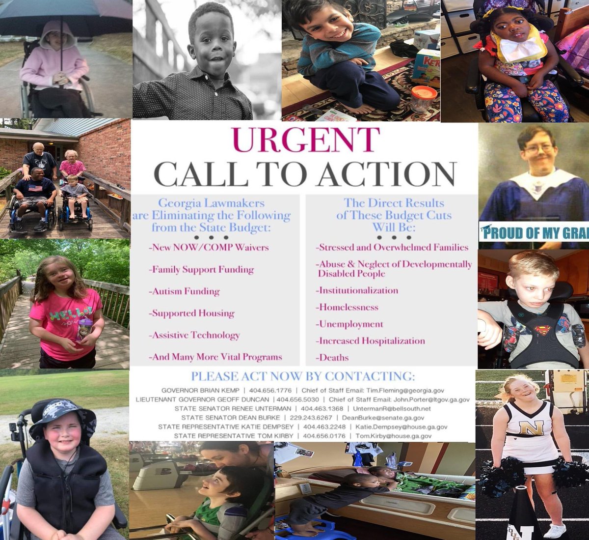 KBCoalition's tweet photo. Georgia Lawmakers are Cutting the Following from the State Budget:

No New NOW/COMP Waiver Slots
Elimination of all Family Support Funding
Autism Funding Reduction
Supported Housing
Assistive Technology
And More . . . #gapol #DisabilityRights https://t.co/LqxDtesS9e