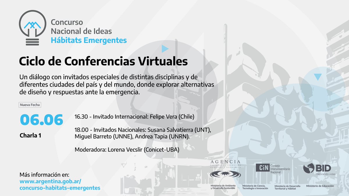MinHabitatAR's tweet photo. EN VIVO | Comienza la primera charla del ciclo de Conferencias Virtuales del Concurso Nacional de Ideas “Hábitats Emergentes”. Los invitamos a todos y todas a seguirla a partir de las 16.30h.

Ingresar a la charla: https://t.co/WikKp8xkYQ https://t.co/mhehhd41vm
