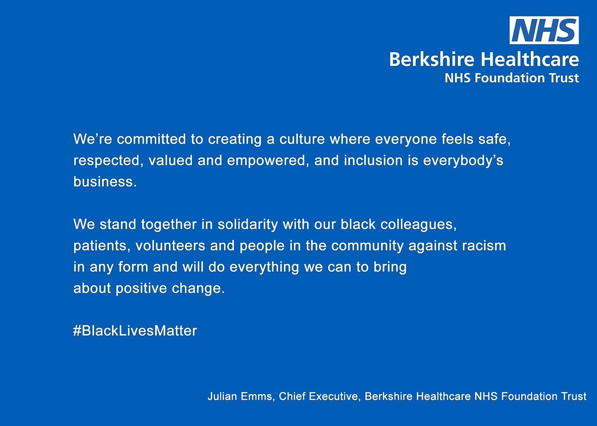 BHFT's tweet photo. A statement from Julian Emms, Chief Executive, Berkshire Healthcare NHS Foundation Trust.

#BlackLivesMatter https://t.co/R68THTQXrF