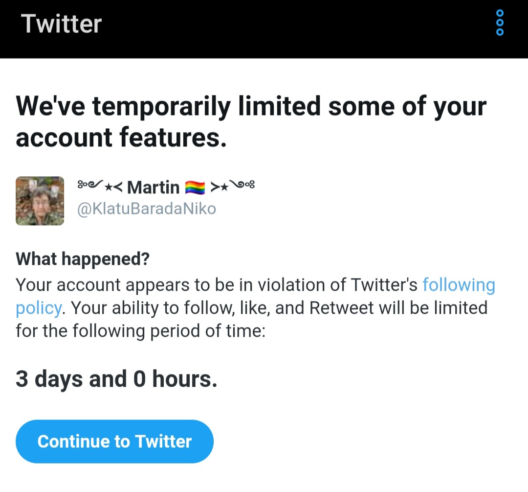 This horseshit likely looks familiar since beginnng of MarchInstead of just turning off our "likes" or  #ShadowBanningnow Twitter throttles Tweets, RTs, follows at  per  minutesTweets/RTs you own are unlimited #TwitterTips  #3DayThrottle ⧻𒊸  #TwitterLimit