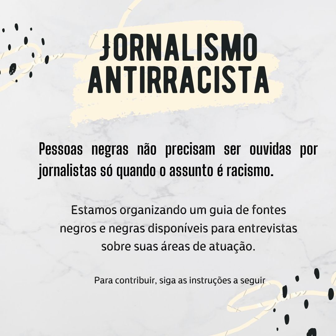 luisamartins's tweet photo. JORNALISMO ANTIRRACISTA: GUIA DE FONTES! Pensando em formas de agir por um jornalismo antirracista, em que pessoas negras não sejam entrevistadas apenas quando a pauta é racismo, decidimos fazer um guia com especialistas negros e negras em diversas áreas de atuação. Segue o fio: https://t.co/JlT7JQfufq