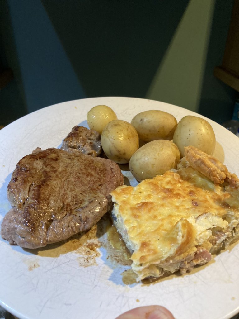 Beautiful Longhorn fillet steak from @Carreg_Cennen for supper tonight with some homemade quiche. No potatoes from our garden yet, but almost there!