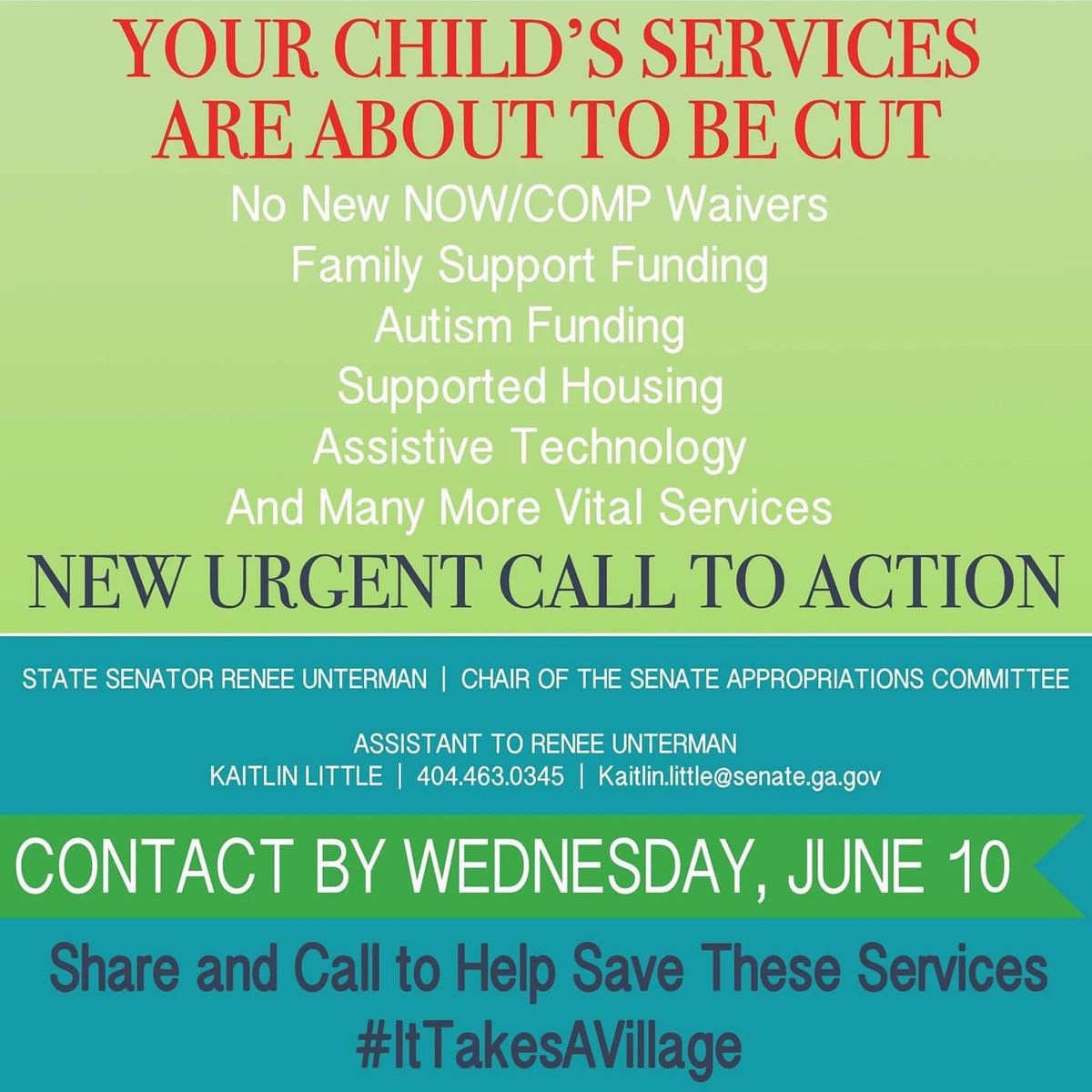 KBCoalition's tweet photo. Please contact Sen. @Renee_Unterman about proposed budget cuts that will harm the disabled in Georgia. #gapol #DisabilityRights https://t.co/enip4Twcps