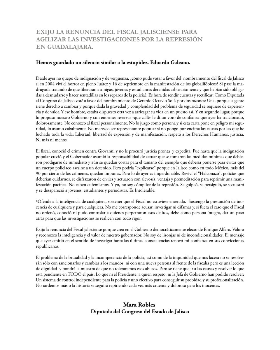 MaraRoblesV's tweet photo. Gobernador, @EnriqueAlfaroR, exijo la renuncia del fiscal jalisciense para agilizar las investigaciones por la represión en Guadalajara. Confío en tu republicanismo. https://t.co/VmBKIAJZrV