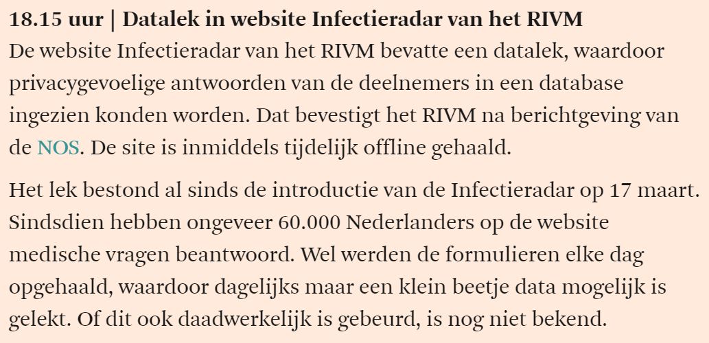 Zeer ernstig datalek in #Corona website RIVM (Infectieradar) blootgelegd; sinds 17 maart 2020 was het mogelijk om alle medische gegevens van 60k mensen in te zien. Hoofd Epidemiologie RIVM: "Ik ben ervan geschrokken". Bron: FD (online). nos.nl/artikel/233641…
