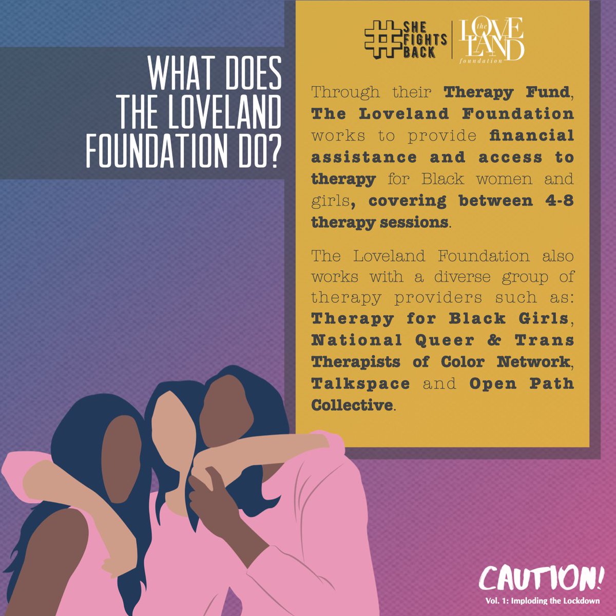 CautionFanzine's tweet photo. It's more important than ever to take care of your mental health. That's why we are fundraising for LoveLand, which raises money for Black women & girls to get free therapy sessions.
Donate $5 or more & get a free copy of the Zine. Link in bio & more info below⬇️ #shefightsback https://t.co/E25yXni5r7