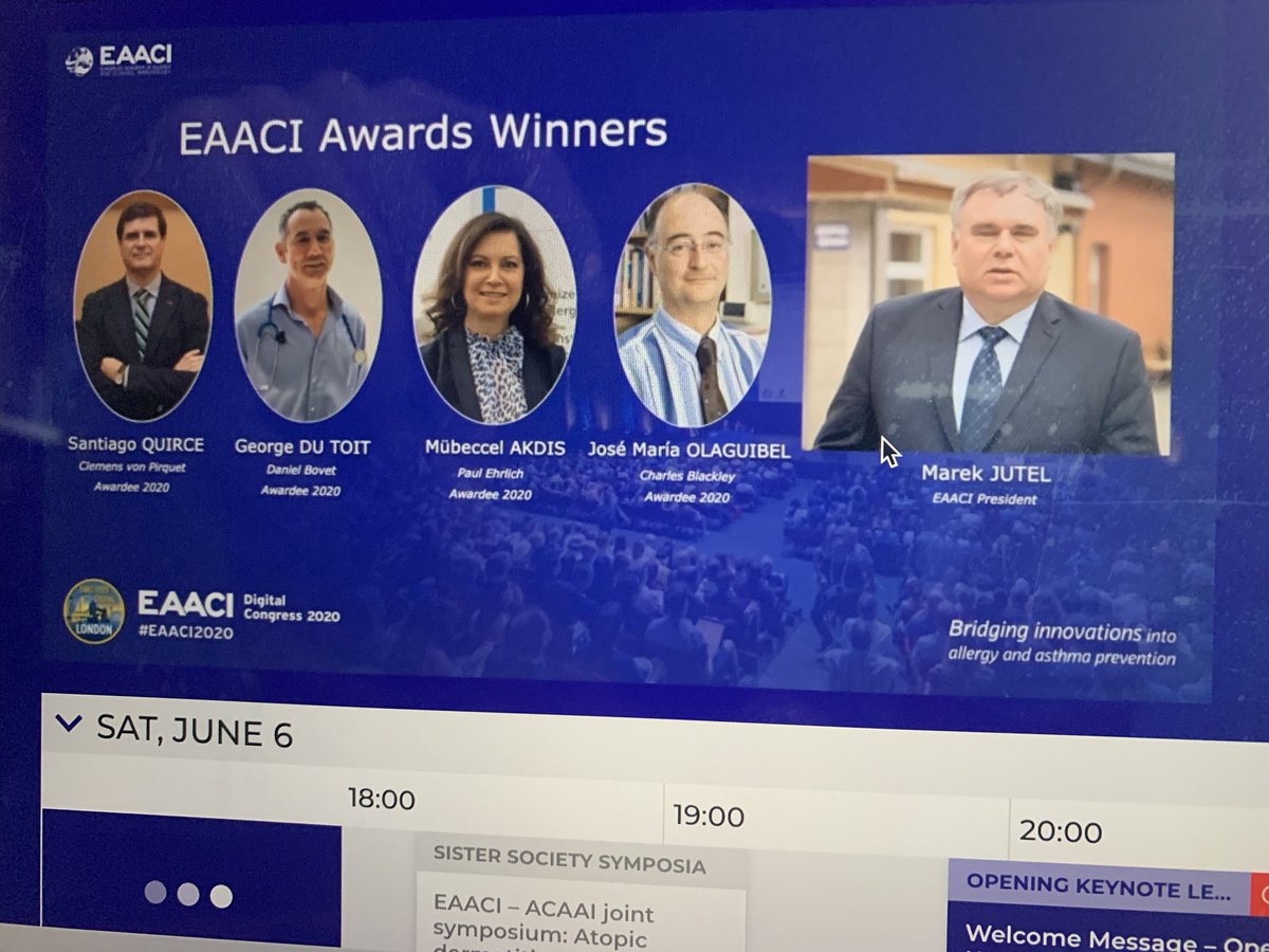 An applause for the winners!! 👏👏👏#EAACI2020 <a href="/EAACI_HQ/">EAACI</a> <a href="/GoAllergy/">George du Toit</a> <a href="/Jmolaguibel/">Jose M Olaguibel</a> <a href="/QuirceSantiago/">Santiago Quirce</a> and Dr Mubeccel Akdis <a href="/SEAIC_Alergia/">SEAIC</a>