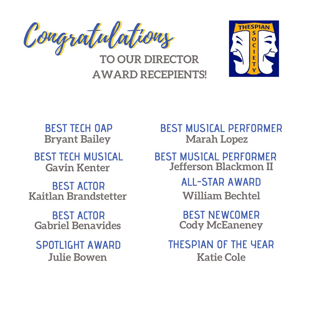 Congratulations to our new thespians, officers, and director awards recipients! 🎭🧡 #troupe4691 #theatre #thespian #classof2020 #theaterkids #theatrekid