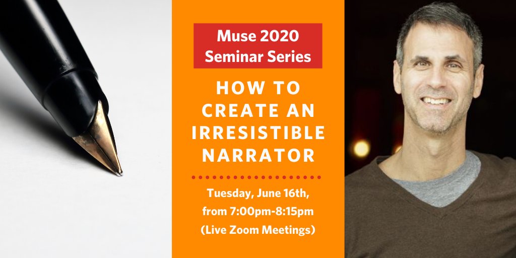 GrubWriters's tweet photo. In @stevealmondjoy's #Muse20 seminar session, you'll examine the work of Didion, Salinger, Austen and others -- and try an in-class exercise -- in an effort to make sure your next narrator isn't just strong, but irresistible. Join today: https://t.co/9fJrKTZtD1 https://t.co/t5gUuWEhu4