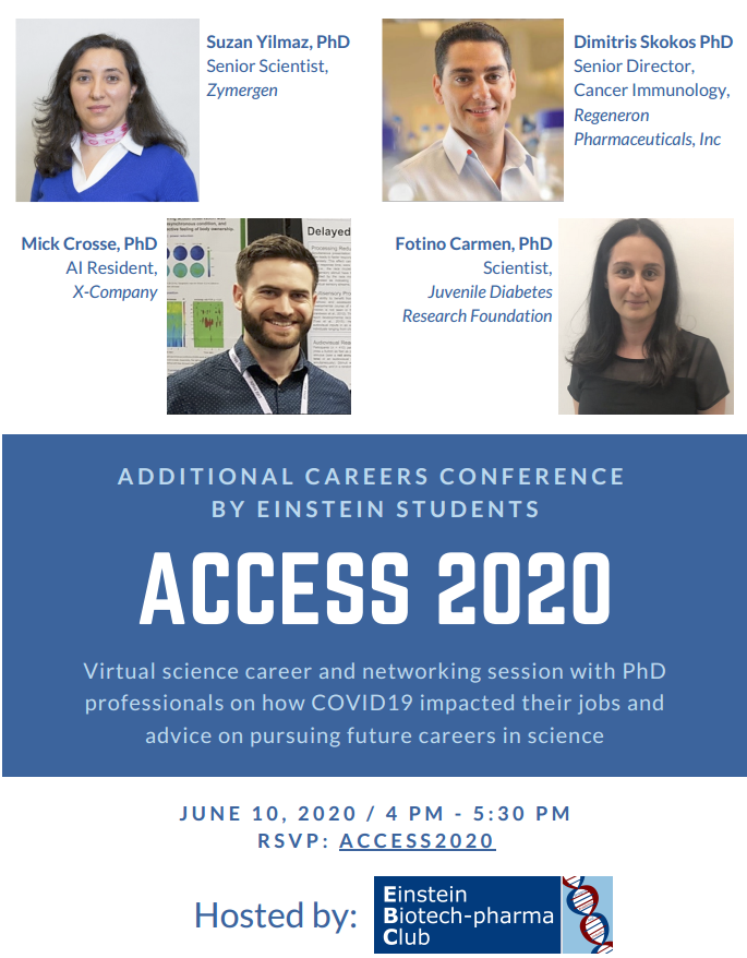 EBCEinstein's tweet photo. We are excited to bring you: Additional Careers Conference by EinStein Students (ACCESS) - COVID special edition. 

On 6/10/2020, at 4 PM, EBC will be hosting a career panel of PhD professionals over ZOOM.

Sign up at the eventbrite link here: https://t.co/LMx4lWKBLl https://t.co/TSdqq9onBM