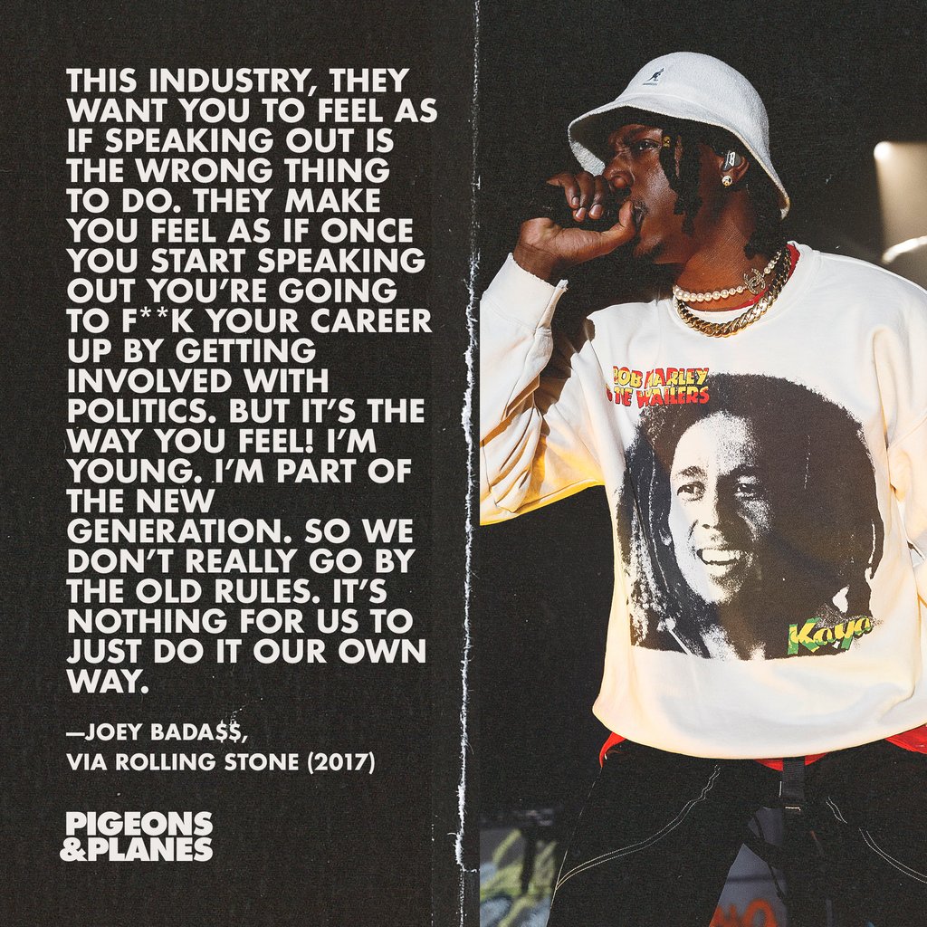 PigsAndPlans's tweet photo. In 2017, Joey Bada$$ dropped his politically charged album 'All-Amerikkkan Bada$$,' which spoke clearly on topics like racism and injustice in America. Just after its release he told Rolling Stone about not being afraid to speak his mind. https://t.co/Cm389OpQnl