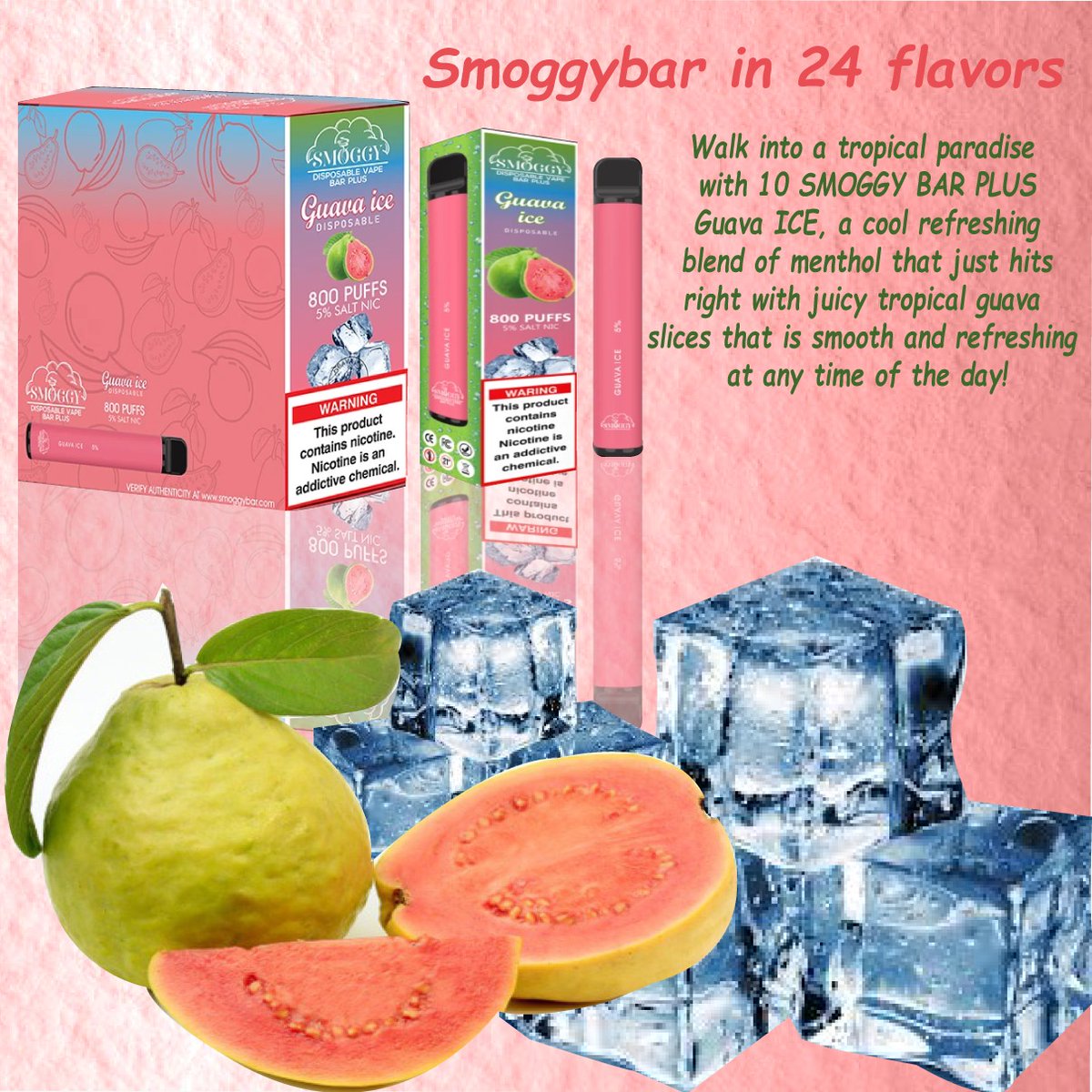 BarSmoggy's tweet photo. Walk into a tropical paradise with SMOGGY  BAR PLUS Guava ICE, a cool refreshing blend of menthol that just hits right with juicy tropical guava slices that is smooth and refreshing at any time of the day!
visit smoggybar
https://t.co/XykedNJB3x
#puffbar #juulvape #vaping #vape https://t.co/82pIB1LwN4