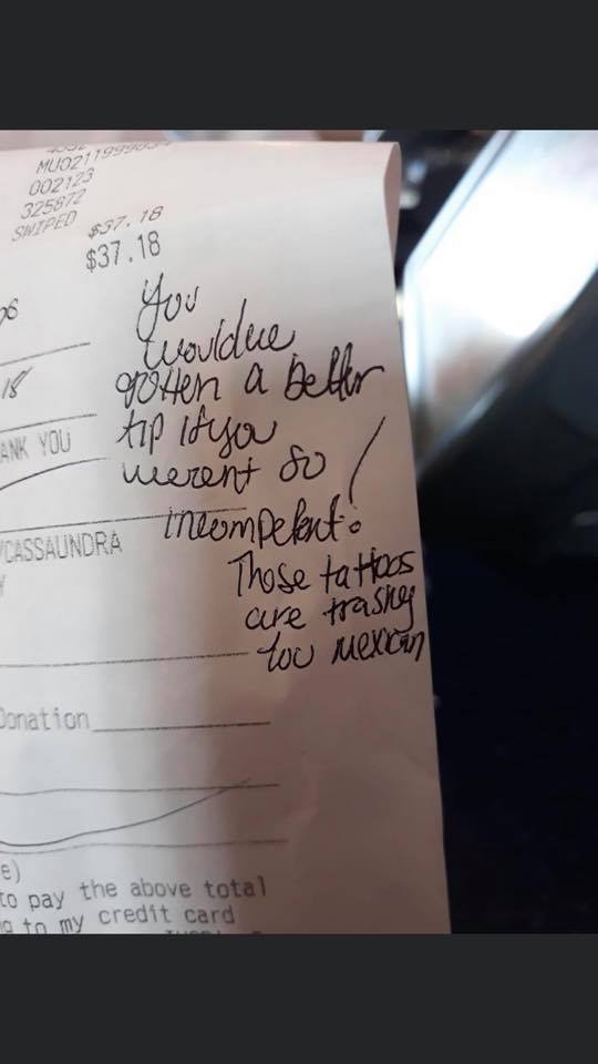 CustomersxSuck's tweet photo. "A friend of mine in Texas posted this today 6/6/2020. This is what was written on the receipt of her co-worker!" #dearcustomer #fuckracism #customerssuck #foodservice #retailhell https://t.co/StU5E4zndz