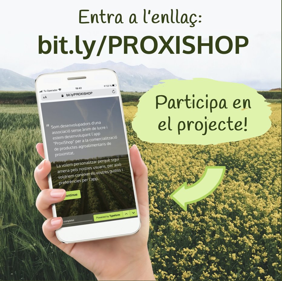 ProxiShop_cat's tweet photo. 📢 ATENCIÓ 📢 👩‍🌾👨‍🌾

Estem desenvolupant ProxiShop, l’app orientada per la comercialització de productes de #proximitat. Pots participar en aquest projecte aportant-nos quines característiques voldries en l’app! Entra a 

https://t.co/dMNEfQ1eaD

No perdis aquesta oportunitat! https://t.co/Lz2rPowhmI