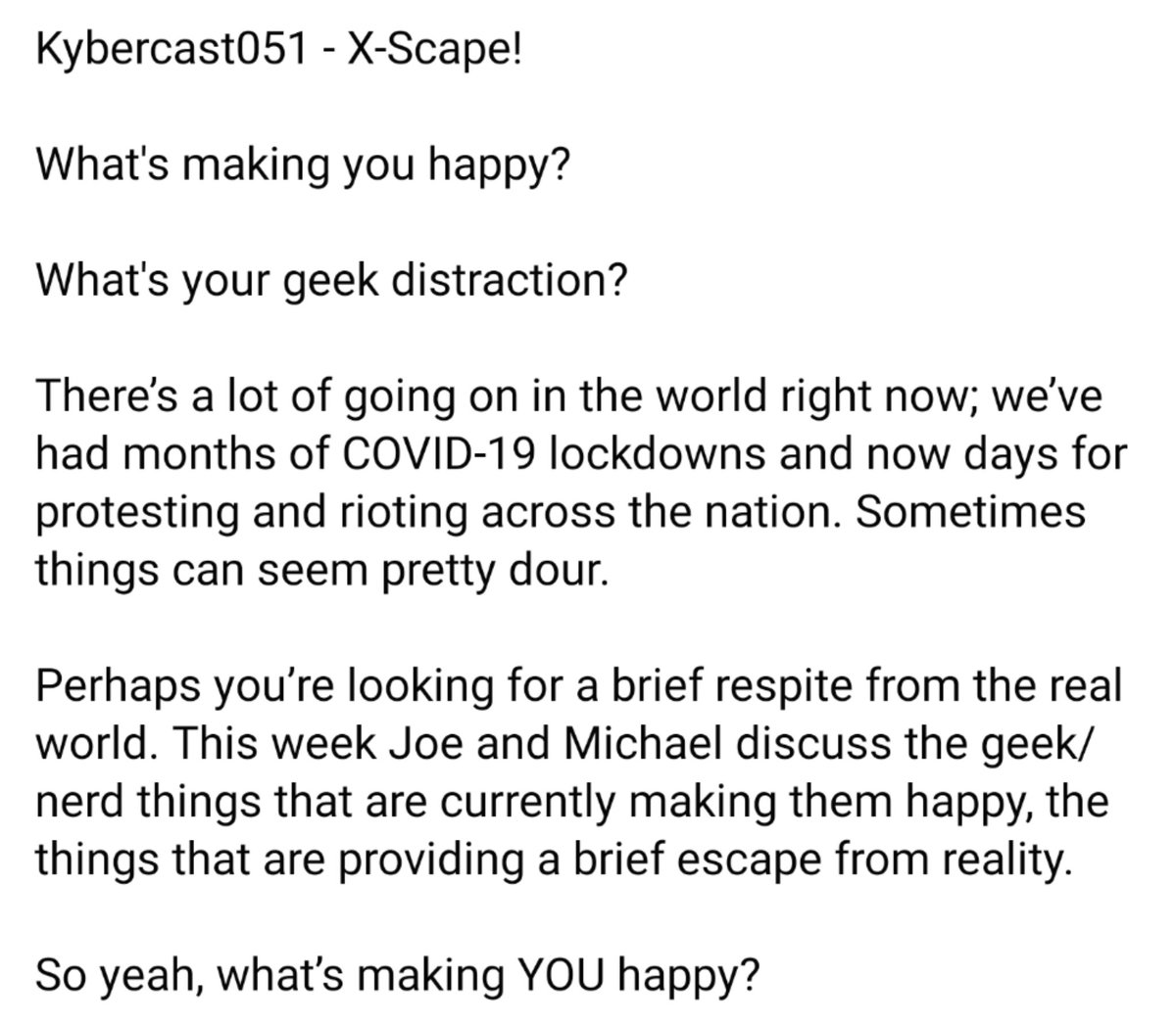 kybercast's tweet photo. Kybercast051 - X-Scape!
What's making you happy?
What's your geek distraction?
https://t.co/XxP9ZTd1Vy
Or on all podcast apps!
#HouseOfX #PowersOfX #StarWarsRebels #SomethingIsKillingTheChildren #TKOStudios #Sentient #Sara #OrbitalOperations #WarrenEllis #TheLetterForTheKing https://t.co/GDlWbVQ8Yb