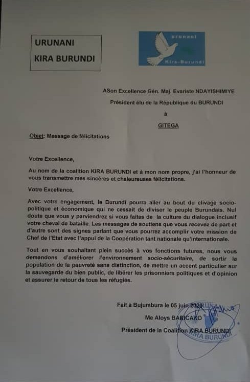 KIRABURUNDI2020's tweet photo. La Coalition @KIRABURUNDI2020 addresse un message de félicitation au Président-élu, Mr. Evariste NDAYISHIMIYE (@GeneralNeva) après la confirmation de la cour constitutionnelle. KIRA-BURUNDI lui souhaite plein succès ds les prochaines nlles fonctions de chef de l'Etat. 
@CnddFdd https://t.co/7FYnXtM80M