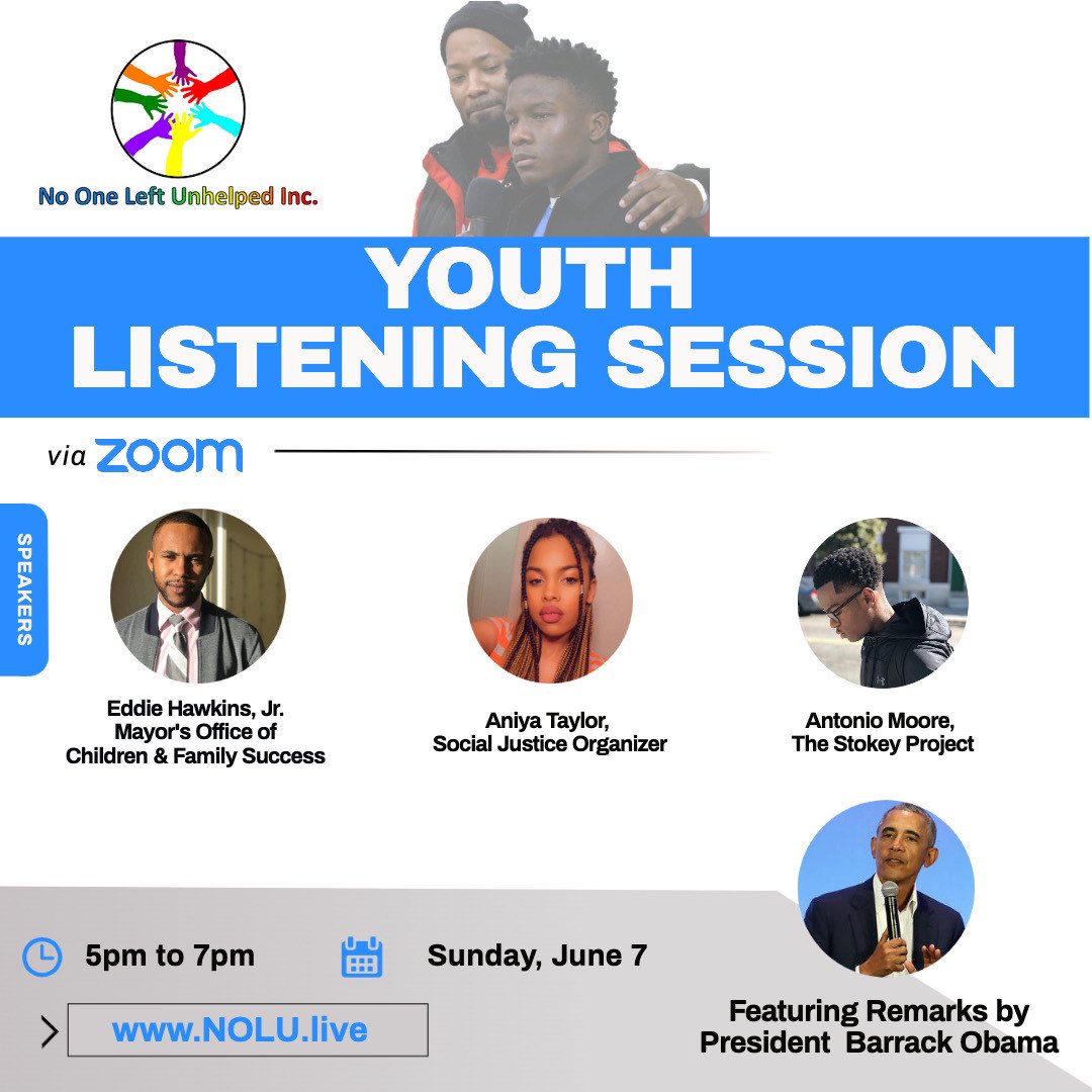 bmorechildren's tweet photo. Tomorrow 5-7pm join the @Nooneleftunhelp Youth Listening Session w/ Eddie Hawkins, Aniya Taylor & Antonio Moore featuring @BarackObama #thestokeyproject @ https://t.co/SeU86BYZPc #CFSuccess #MyBmore https://t.co/ogY30TCeO2