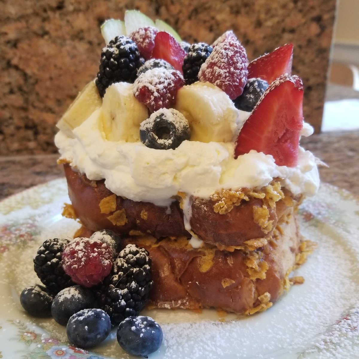 We are back to breakfast! New Recipe Alert! This is our Cereal Encrusted Brioche French Toast with Homemade Whipped Cream and Mixes Fruits and dusted with Powder Sugar. Are you ready for breakfast?

#breakfast #breakfasttime #recipe #bedandbreakfast #openforbusiness