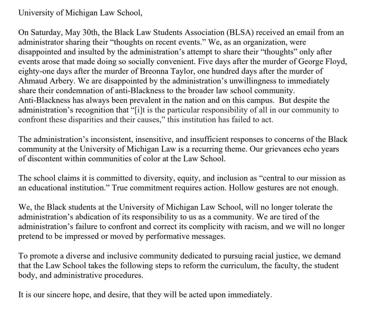 rachel221's tweet photo. ALSO @UMichBLSA shared demands they previously discussed with the dean with the whole school and I share here w/permission. BLSA's advocacy IS &amp; HAS BEEN ongoing. I hope everyone tweeting #MLawLoud will use this momentum to support them &amp; amplify right now. https://t.co/F2dWhfP1Pn