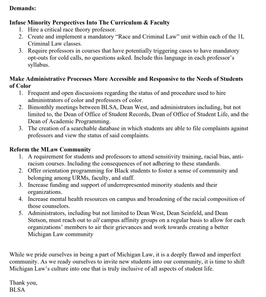 rachel221's tweet photo. ALSO @UMichBLSA shared demands they previously discussed with the dean with the whole school and I share here w/permission. BLSA's advocacy IS &amp; HAS BEEN ongoing. I hope everyone tweeting #MLawLoud will use this momentum to support them &amp; amplify right now. https://t.co/F2dWhfP1Pn