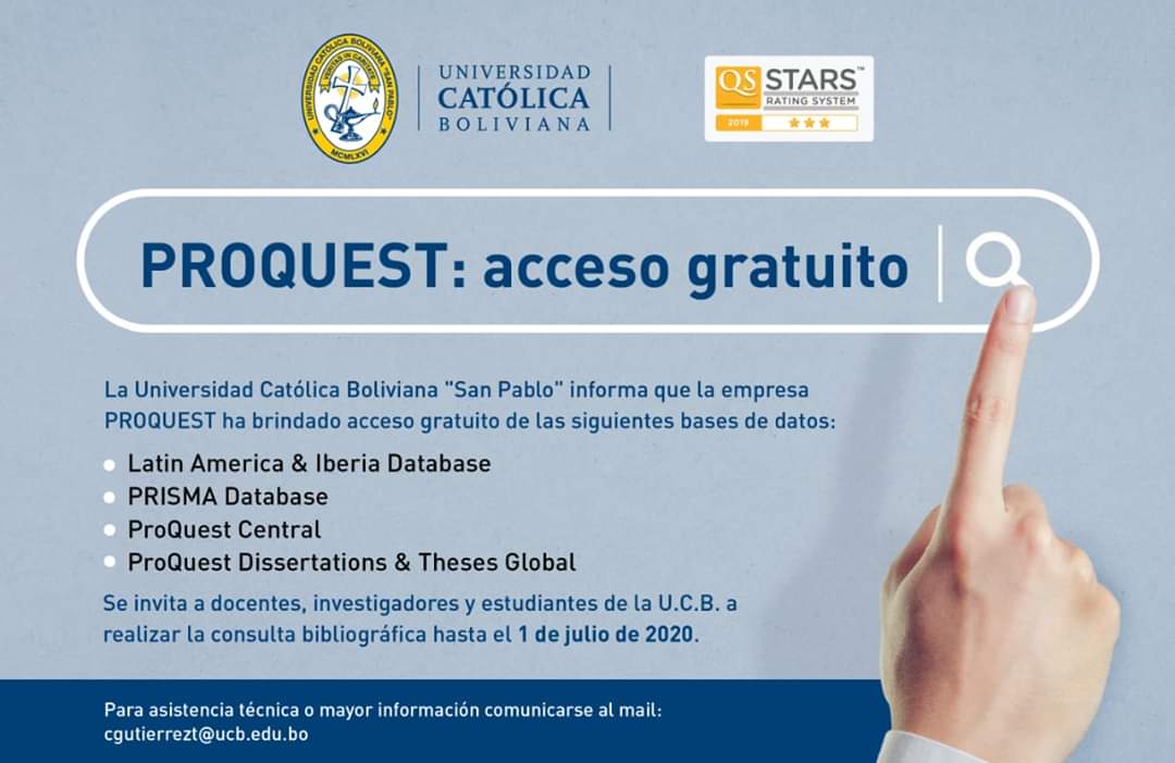 UCBLaPaz's tweet photo. La Biblioteca Universidad Católica Boliviana invita a docente, investigadores y estudiantes a acceder a la Base de Datos de PROQUEST:

👉 Disponible hasta el 01.07.30
👉 Para acceder a la base de datos o apoyo en soporte técnico contactar al mail: cgutierrezt@ucb.edu.bo https://t.co/wZpPCGcNC9