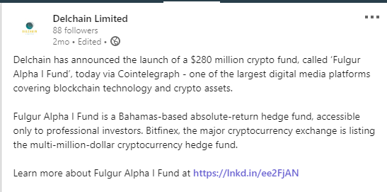 Crypto Question #3: Who actually runs the Fulgur Alpha hedge fund? We know Delchain "launched" it, but who's the fund manager / traders / quants? Only quote in all the PRs about investor requirements came from Paolo directly & only other quote came from a US citizen (Bruno).