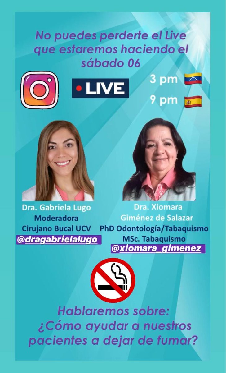 PeriodonciaUCV's tweet photo. Hoy a las 3:00 pm. Nuestra profesora Xiomara Gimenez conversará sobre tabaquismo. https://t.co/KH2fb6xA7Q