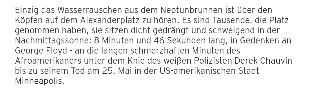 Lieber <a href="/rbb24/">rbb|24</a>, bitte korrigieren. 1. war die Demo AUF dem Alexanderplatz (der Neptunbrunnen steht wo anders) und 2. war das Schweigen (leider) keine 8:45 Minuten lang. 

Unnötiges Einfalltor für MedienkritikerInnen.