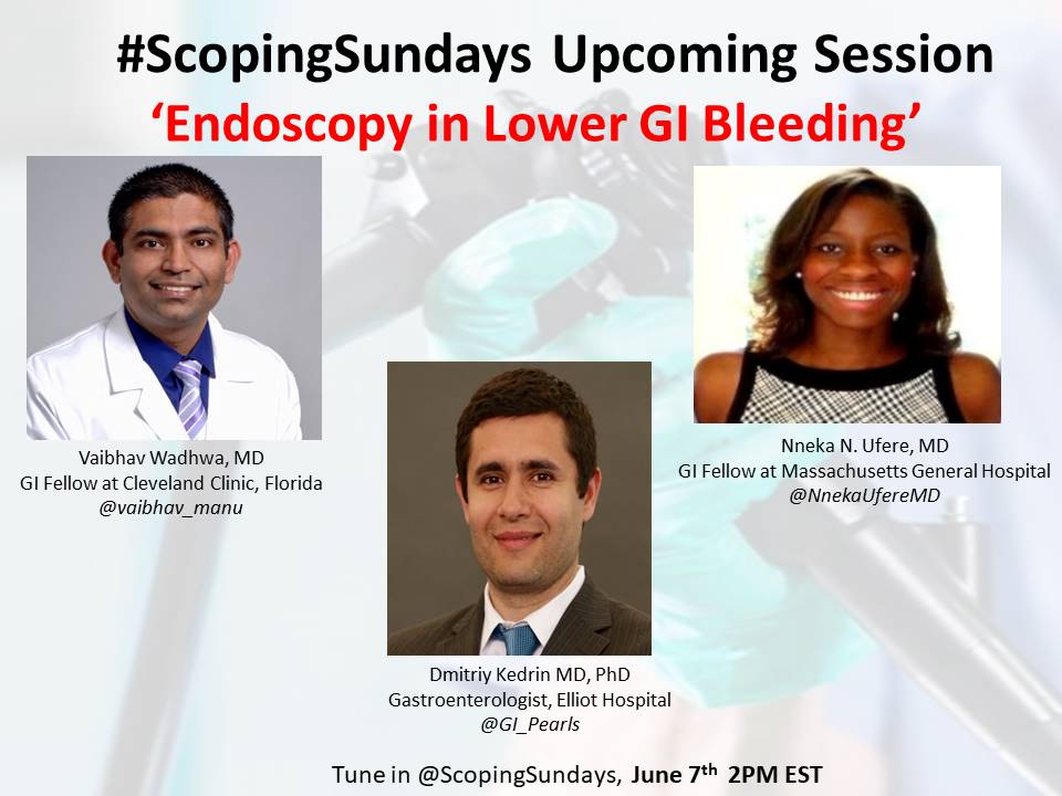 Lower Gastrointestinal Bleeding is one of the most common #GIconsult

Join us tomorrow for the upcoming #ScopingSundays session to learn some pearls & share your tips & tricks !

Moderated by @NnekaUfereMD & @vaibhav_manu - with our Expert Guest, THE @GI_Pearls