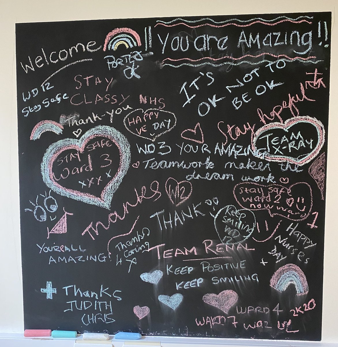 VickyJervis's tweet photo. Some of the gorgeous messages of ward to ward support from our wobble room. Made the difficult decision to wipe and start again but will print and laminate these so the messages are never lost. @SouthTees #wobbleroom #thankyou #medicalpsychology https://t.co/Yb0J1ccAHN