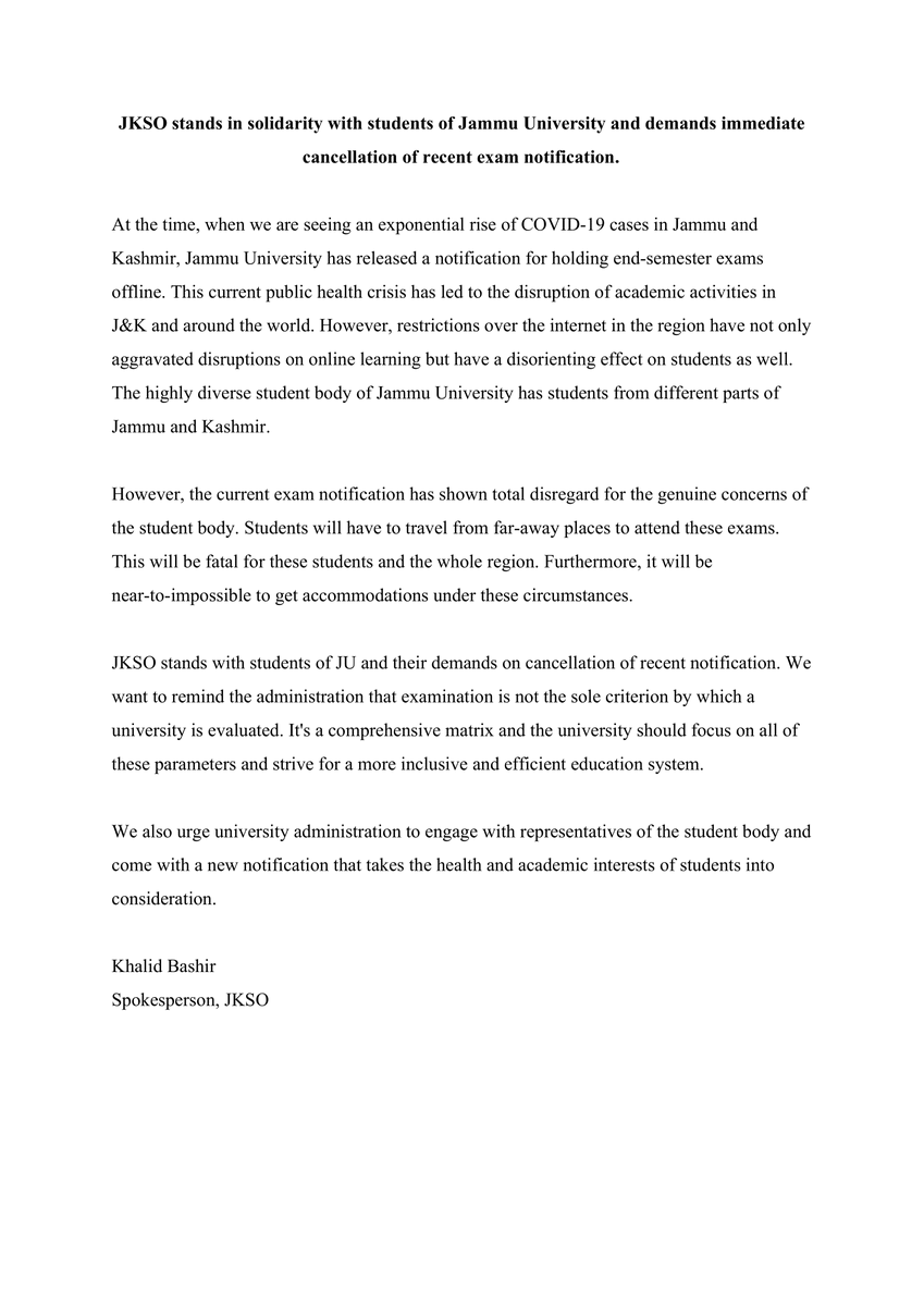 JKSTUDENTORG's tweet photo. JKSO stands in solidarity with students of Jammu University and demands immediate cancellation of recent exam notification. 1/n https://t.co/d1CpJeC6St