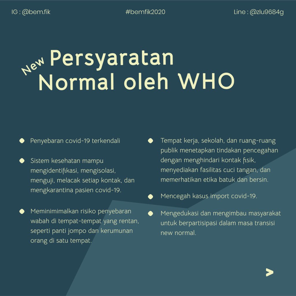 bemfiktelu's tweet photo. Masa new normal akan mulai diberlakukan, meski begitu kita masih harus tetap mengikuti anjuran pemerintah untuk menggunakan masker, menjaga jarak dengan orang lain dan protokol kesehatan lainnya. Tetap semangat dan selalu stay safe! 
#kabinetrevolusi #bemfik2020 #newnormal https://t.co/vhvXXGA4bi