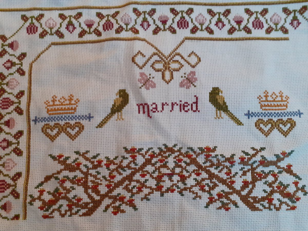 leo181711's tweet photo. Spent the afternoon stitching, now have a painful wrist but almost half way through! #HistoricalSampler #FamilyTree https://t.co/82rDzfgdnz