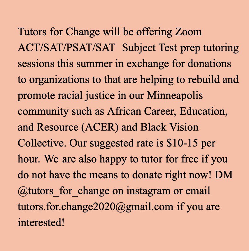EHStudentSenate's tweet photo. Looking for great standardized test tutors and want to support the fight for racial justice? Tutors for Change is excited to be offering test prep sessions this summer in an effort to support organizations that are working to promote racial justice in our Minneapolis community! https://t.co/NJ5MJ8t8Nc