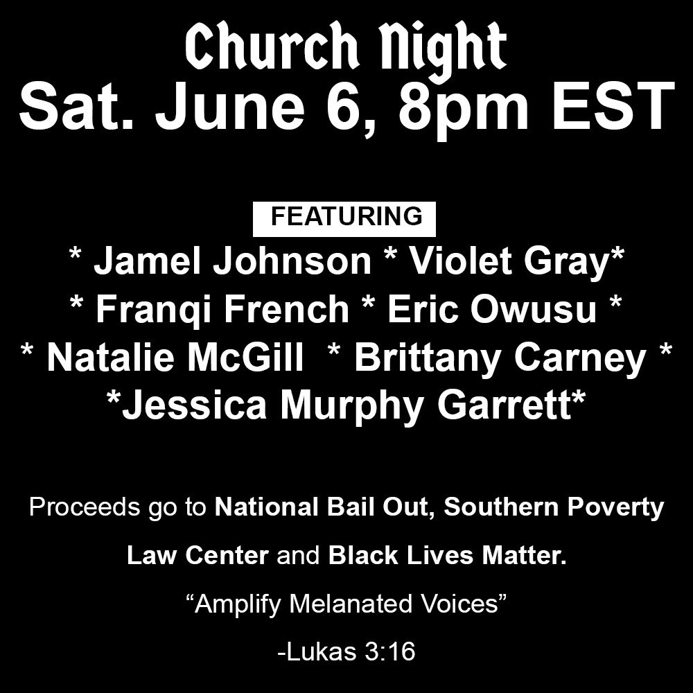 Tonight! We are fundraising for <a href="/splcenter/">Southern Poverty Law Center</a> @blklivesmatter &amp; @nationalbailout LIVE at 8pm ET on YouTube with an amazing lineup: @NonProfitComic <a href="/VioletSilver/">Violet Thee Gamemaster</a> <a href="/FranqiFrench/">Franqi French</a> <a href="/owusukid/">Eric Owusu</a> <a href="/NatalieSMcGill/">Natalie McGill</a> @brittanyrcarney @jmoosegarrett Blessings &amp; Light &amp; #BlackLivesMattter