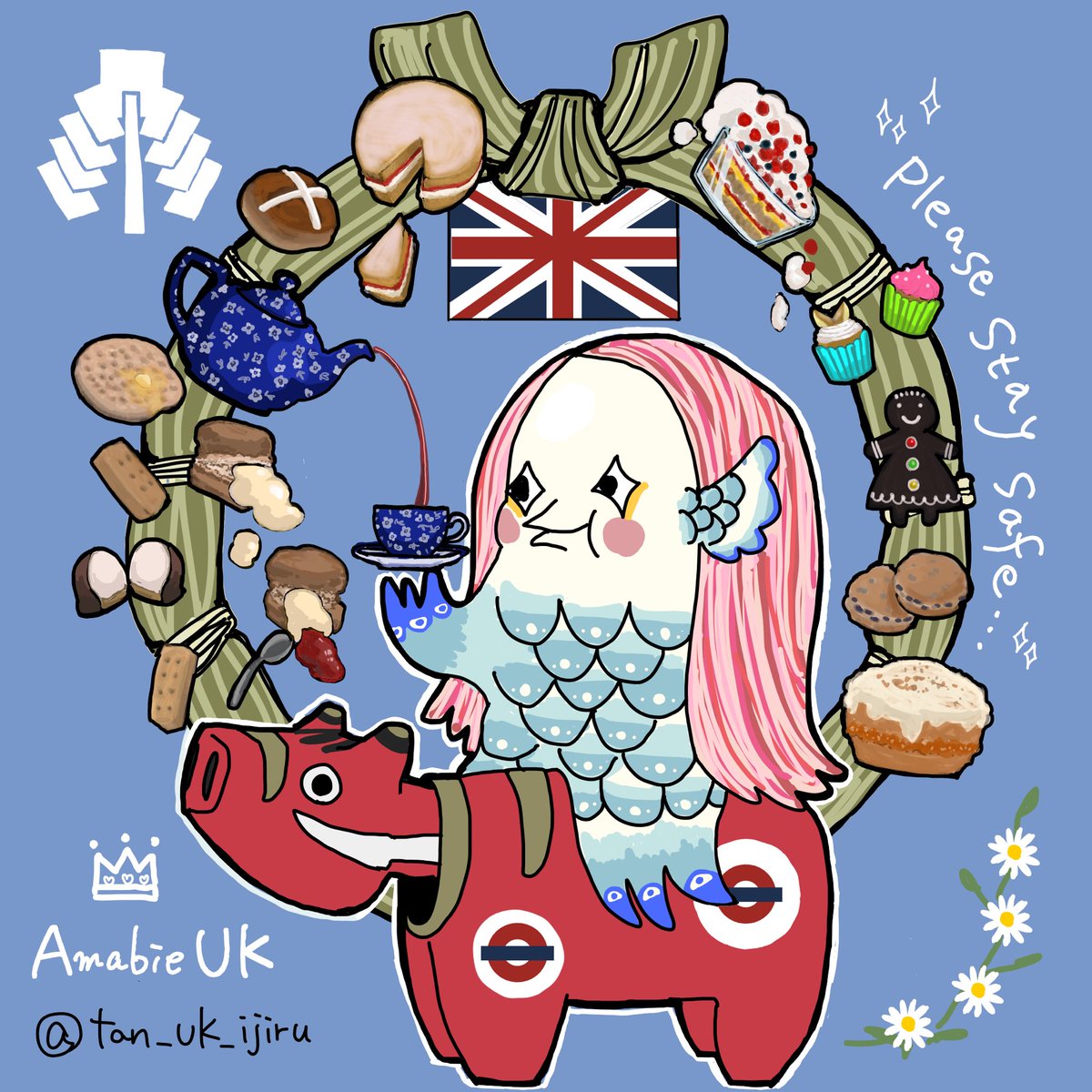 food teacup cup blue background cookie flower pink hair  illustration images