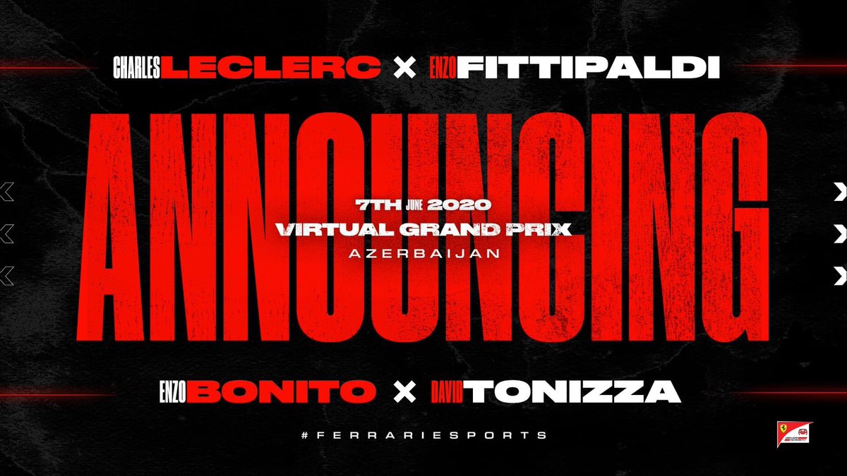 Scuderia_FDA's tweet photo. It will be Charles Leclerc and Enzo Fittipaldi joining Enzo and David in this weekend’s Azerbaijan #VirtualGP 

#FerrariEsports #F1Esports https://t.co/yt5ii5xWq9