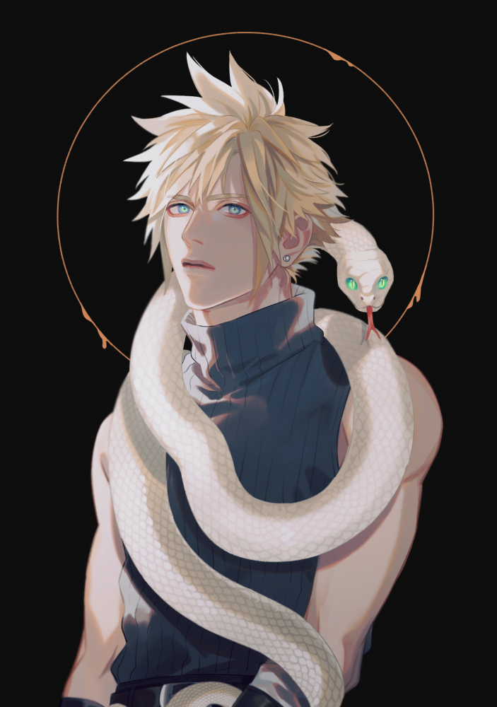 cloud strife 1boy blonde hair male focus spiked hair snake earrings single earring  illustration images