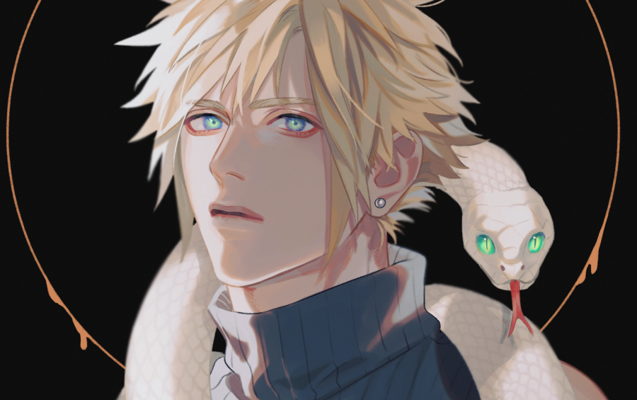 cloud strife 1boy blonde hair male focus spiked hair snake earrings single earring  illustration images