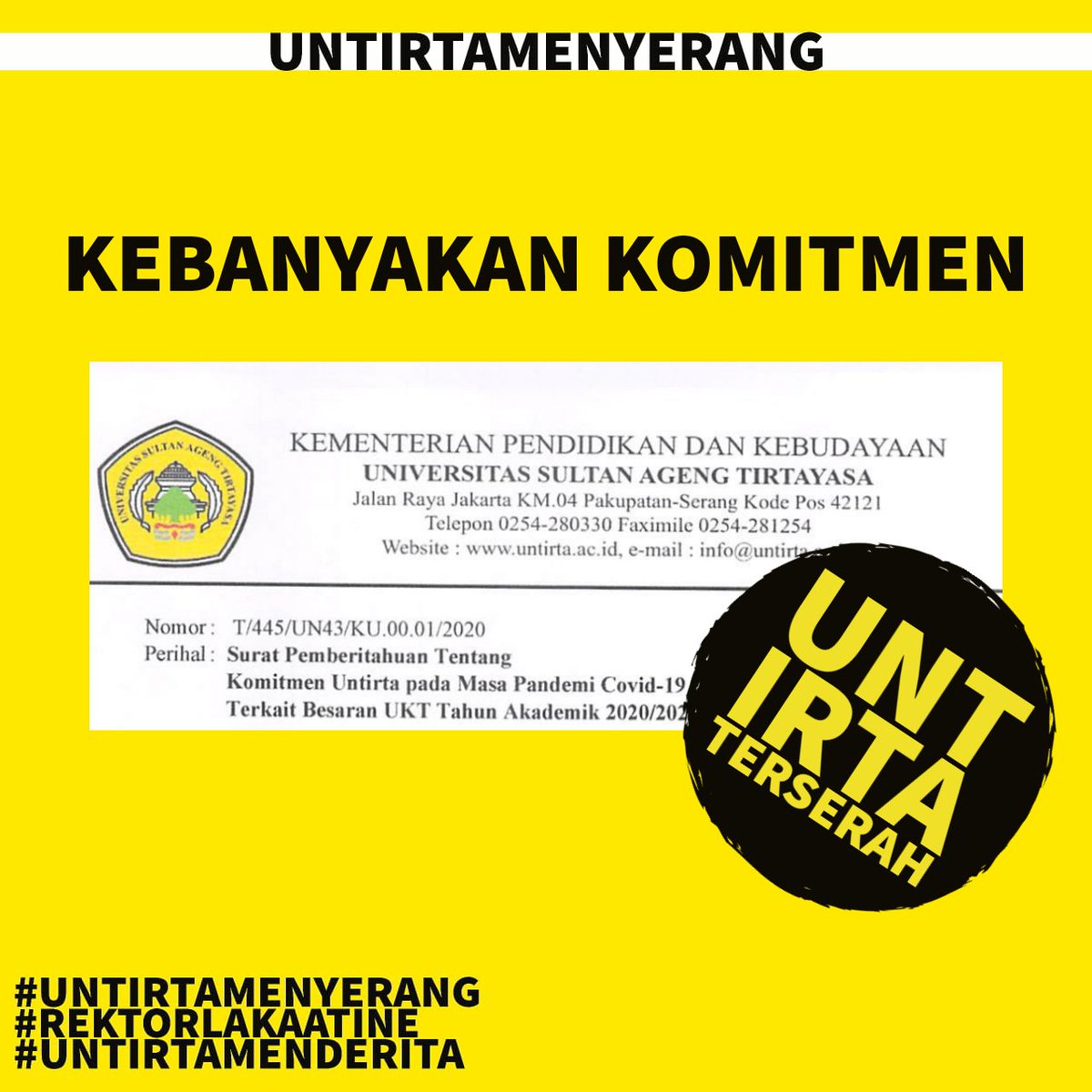 untirta_nih's tweet photo. .
SITUASI KERUH
BAYAR UKT PENUH
KELUAR SURAT YANG BIKIN JENUH
.
#UNTIRTAMENYERANG
#REKTORLAKAATINE
#UNTIRTAMENDERITA https://t.co/gItuAohkZZ