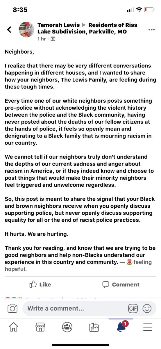 My husband and I were wringing our hands today about pro-police posts in our (vast majority white) neighborhood FB page. Instead of engaging in debate and banter, I decided to write a more vulnerable post.  

#loveoverfear 
#microintervention