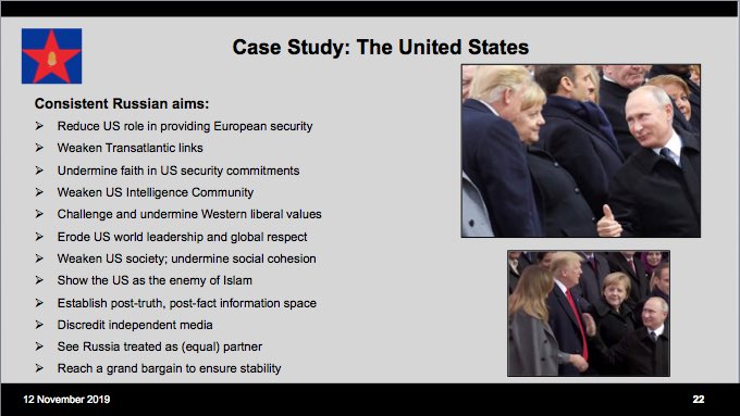 GRAND BARGAIN: In Nov. 2019, at a NATO officers’ briefing on Russian subversion, this slide was shown.I want you to review it carefully.As Putin’s employee, Trump is marking these “consistent Russian aims” off his checklist 1 by 1.His time is limited, the damage, malignant.