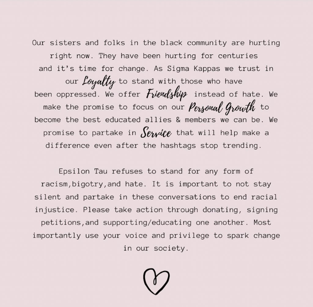 SigmaKappaCSUF's tweet photo. At Epsilon Tau we stand with our sisters and and support the #BlackLivesMattters movement. We strive to be strong woman who believe in a better future and a future where there is justice for everyone. ✊🏾✊🏽✊🏼✊🏻🤍🕊 https://t.co/JtlIJl9XuZ