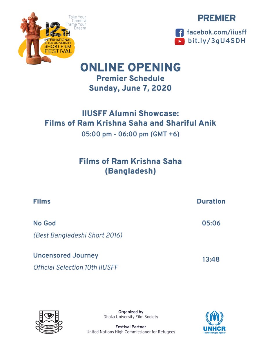 iiusff1's tweet photo. Today's #Premiere schedule of the Online Opening of the #12thIIUSFF.
Watch the premiere on the #Facebook page (https://t.co/ZUUw6B9Ugs) and #YouTube channel (https://t.co/DEir0tmzDY).
#iiusffAtHome #iiusff12 #dufs #unhcr https://t.co/QZD4N3Ex7W