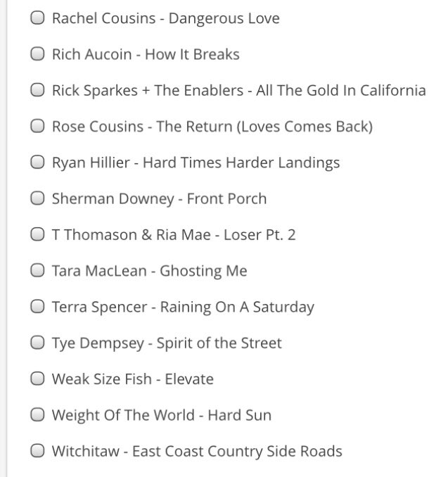 Songs in the running for next week’s East Coast Top 30. Vote now at communityradio.ca/vote
