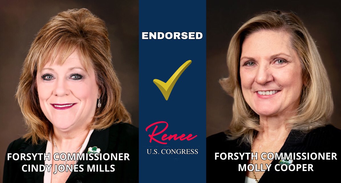 Renee_Unterman's tweet photo. I’m honored to be endorsed by #ForsythCounty Commissioners Molly Cooper and Cindy Jones Mills. I’m ready to be our communities’ #ConservativeFighter in Congress! #ReneeForCongress https://t.co/R5YhqYLrCY