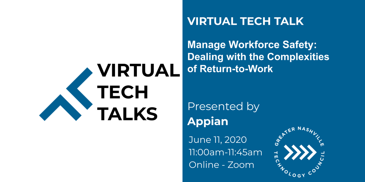 nashtechcouncil's tweet photo. Join us for our next #VirtualTechTalk on how Appian's customizable Workforce Safety application can help your team safely and efficiently return the workplace. Register here: https://t.co/zdXP1GbTkU https://t.co/moxiQe6rf7